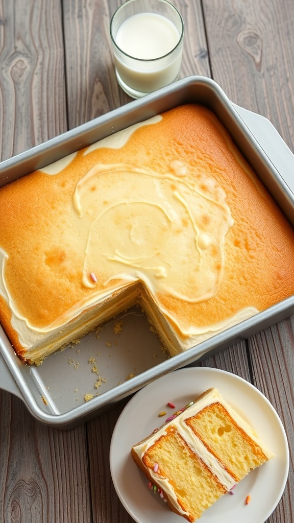 A classic vanilla cake in a 9x13 pan, frosted with vanilla buttercream and topped with sprinkles, on a wooden table.
